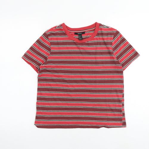 FOREVER 21 Womens Red Striped Cotton Basic T-Shirt Size S Boat Neck