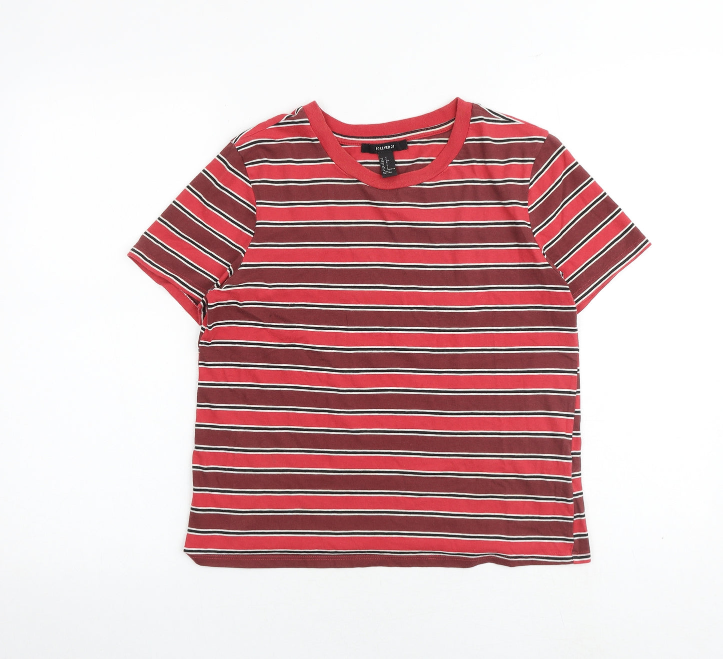 FOREVER 21 Womens Red Striped Cotton Basic T-Shirt Size S Boat Neck
