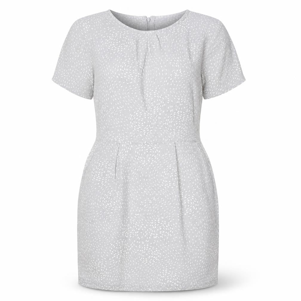 Front view of People Tree women’s grey geometric 100% cotton shift, size UK 14, round neck zip