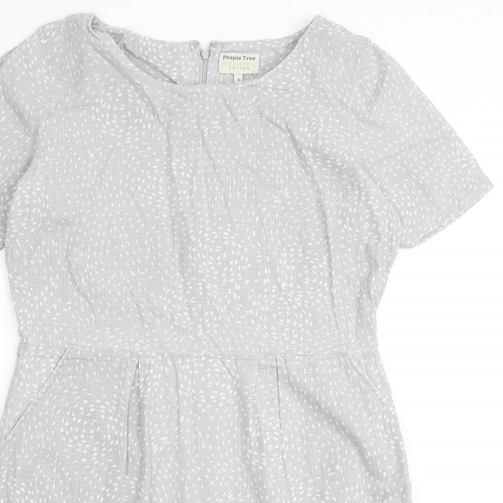 People Tree Womens Grey Geometric 100% Cotton Shift Size 14 Round Neck Zip