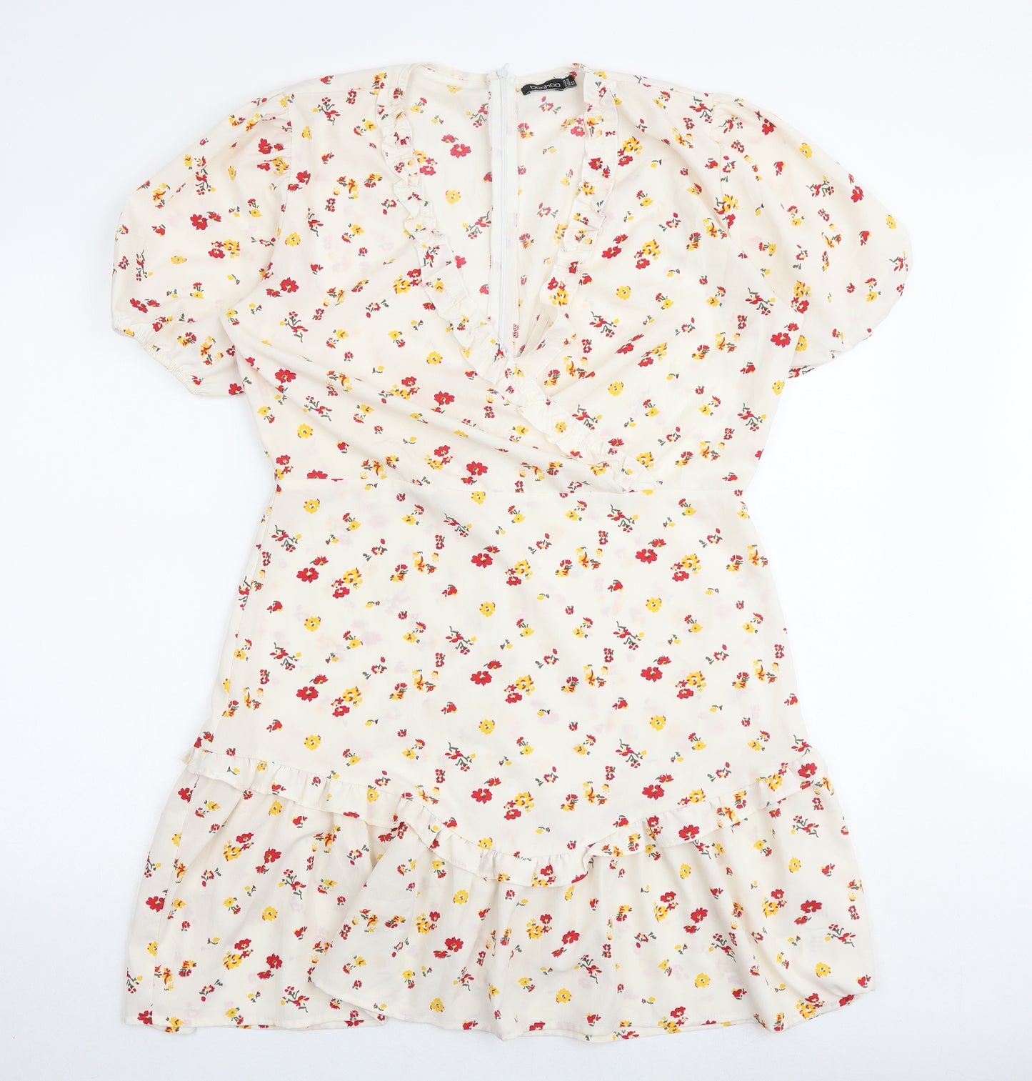 Boohoo Womens Multicoloured Floral Polyester Skater Dress Size 16 V-Neck Zip