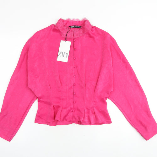 Zara Womens Pink Polyester Basic Button-Up Size M Round Neck - Lace Details