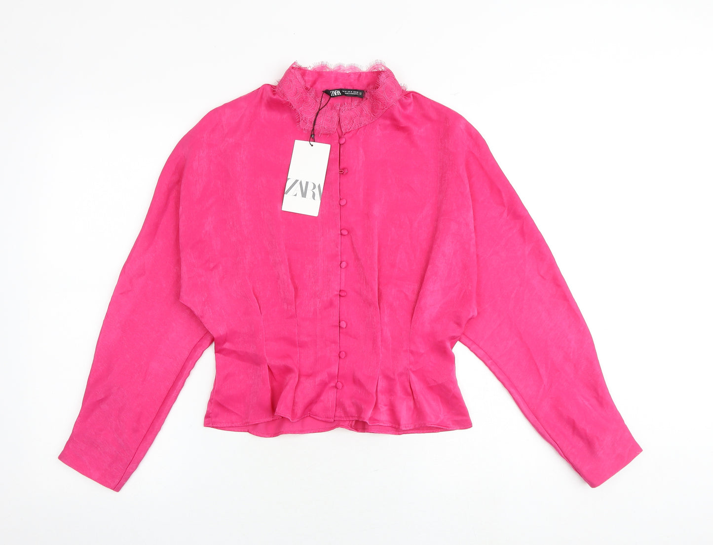 Zara Womens Pink Polyester Basic Button-Up Size M Round Neck - Lace Details