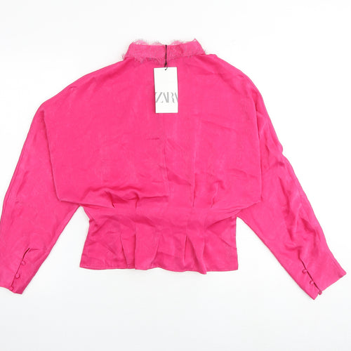 Zara Womens Pink Polyester Basic Button-Up Size M Round Neck - Lace Details