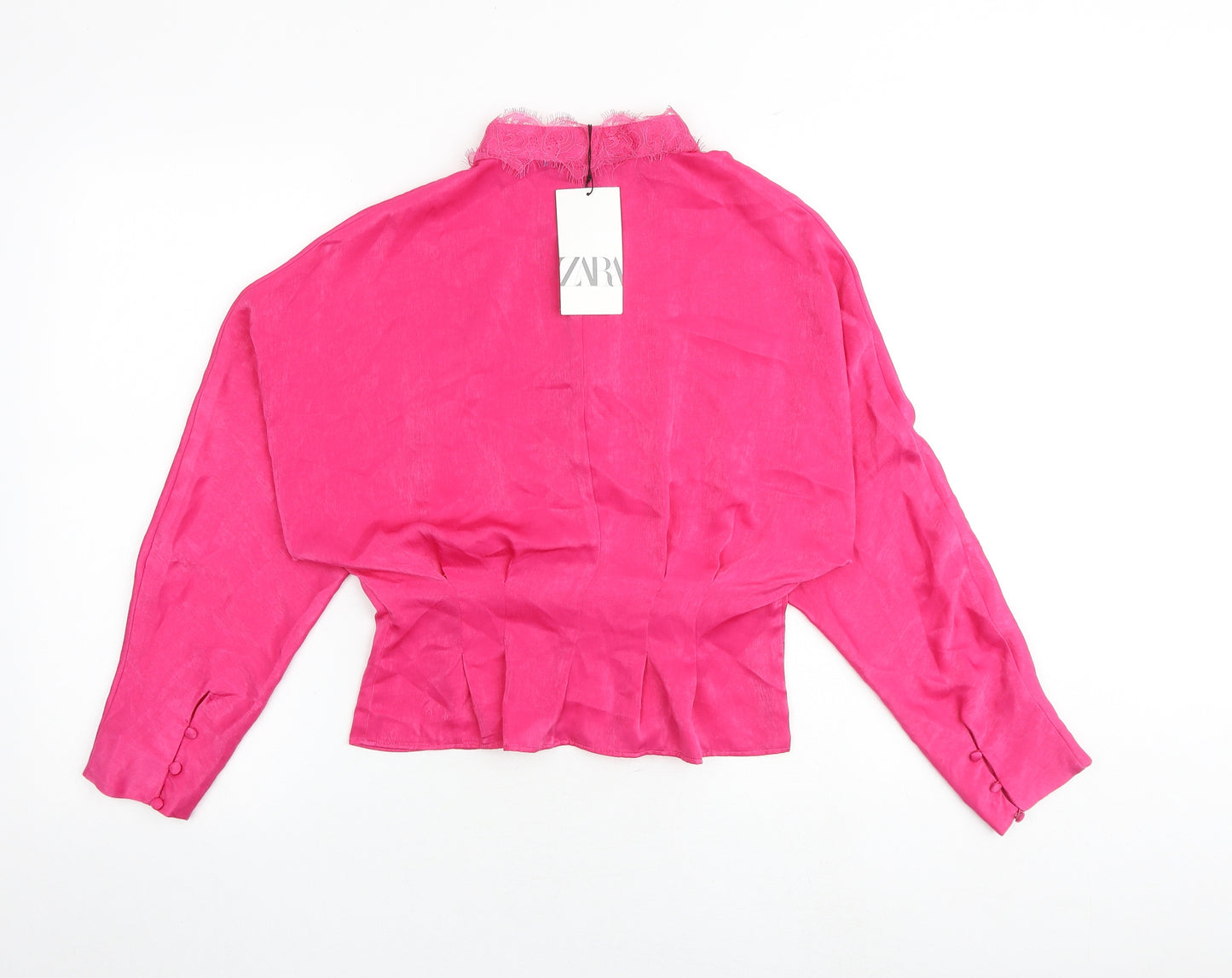 Zara Womens Pink Polyester Basic Button-Up Size M Round Neck - Lace Details