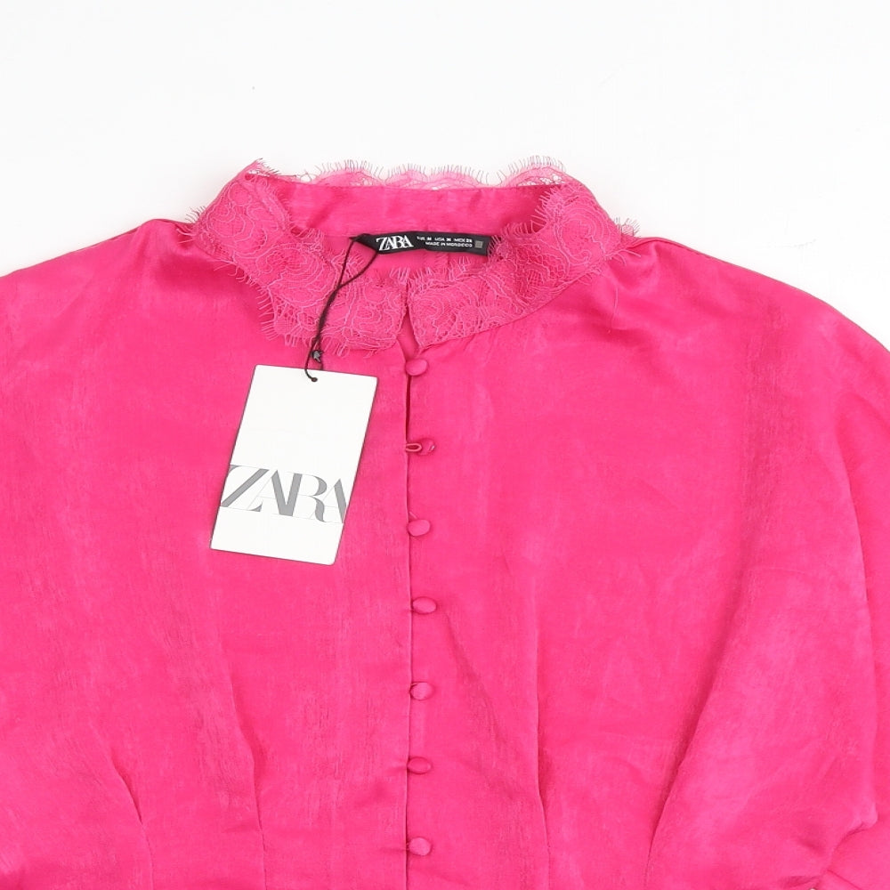 Zara Womens Pink Polyester Basic Button-Up Size M Round Neck - Lace Details
