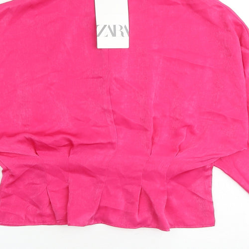 Zara Womens Pink Polyester Basic Button-Up Size M Round Neck - Lace Details