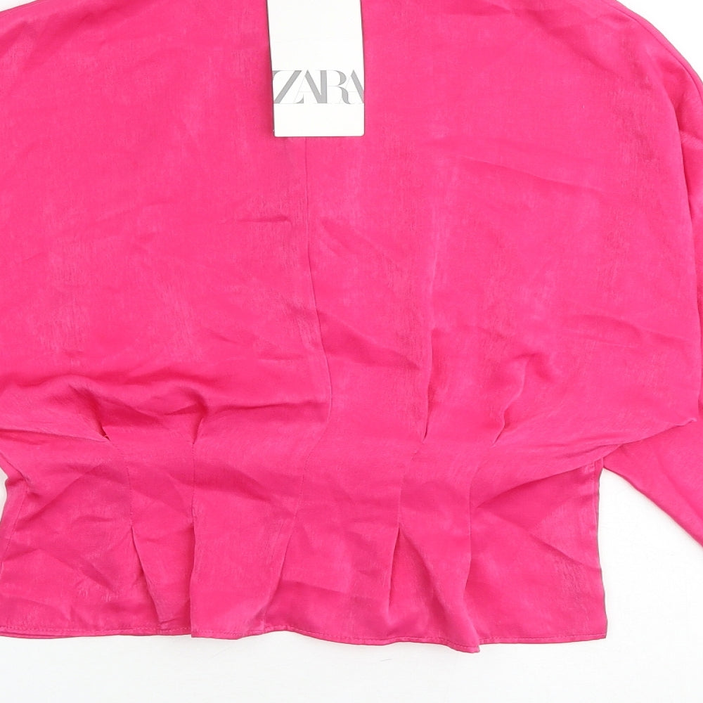 Zara Womens Pink Polyester Basic Button-Up Size M Round Neck - Lace Details