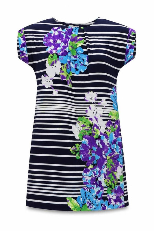 Front view of Lakeland women’s multicoloured geometric polyester a-line, round neck pullover - flower stripe pattern