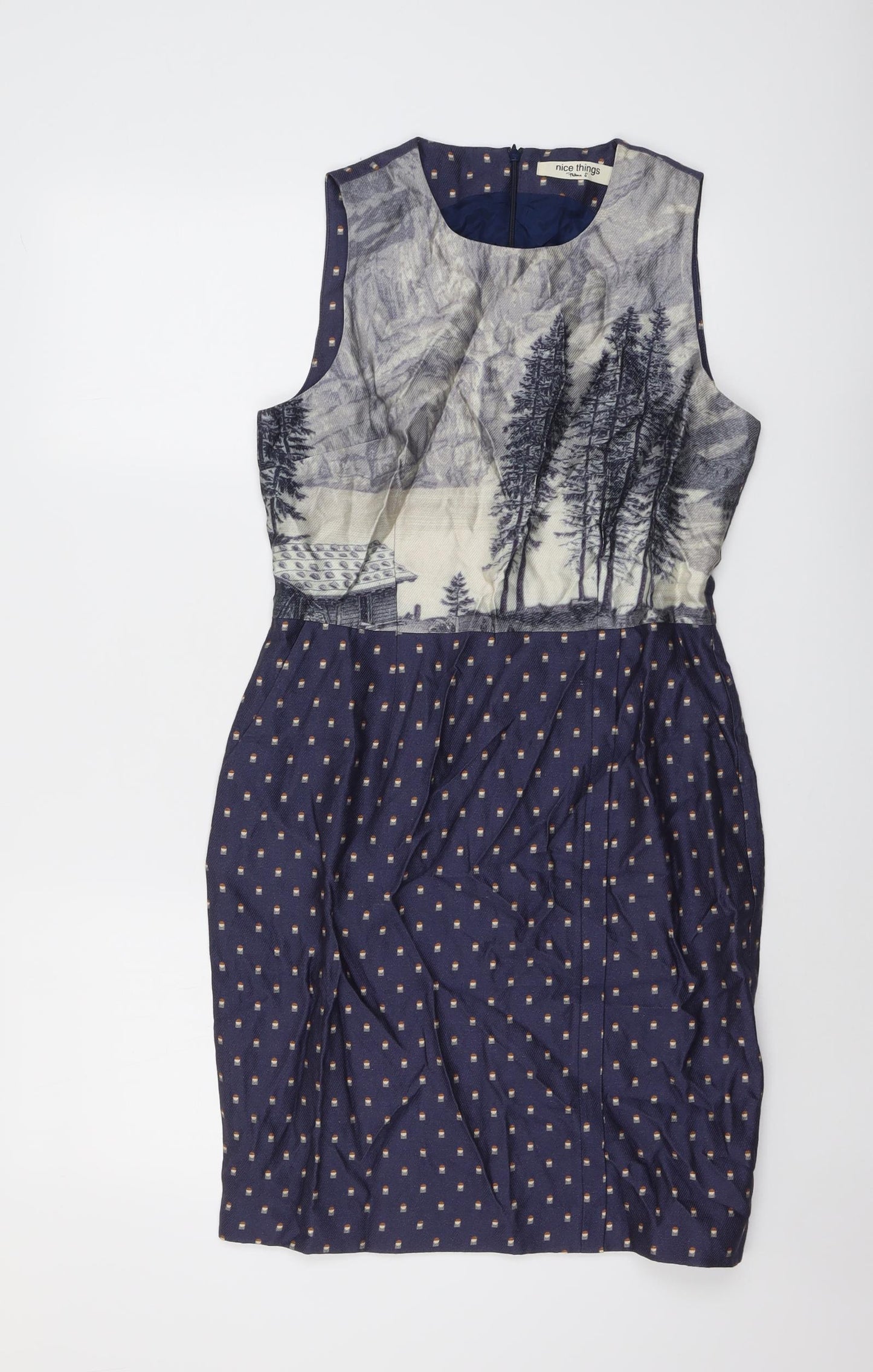 nice things Womens Blue Geometric Viscose Shift Size 10 Round Neck Zip