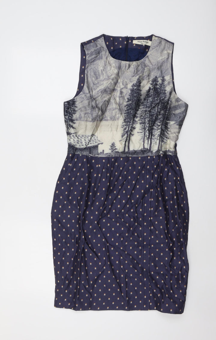 nice things Womens Blue Geometric Viscose Shift Size 10 Round Neck Zip
