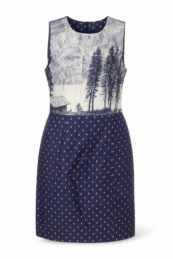 Front view of nice things women’s blue geometric viscose shift, size UK 10, round neck zip