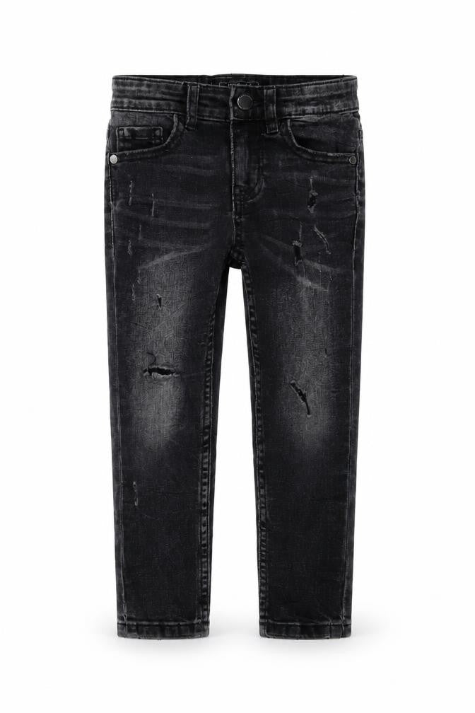 Front view of Next girls’ black cotton skinny jeans, size 4, years regular button - distressed