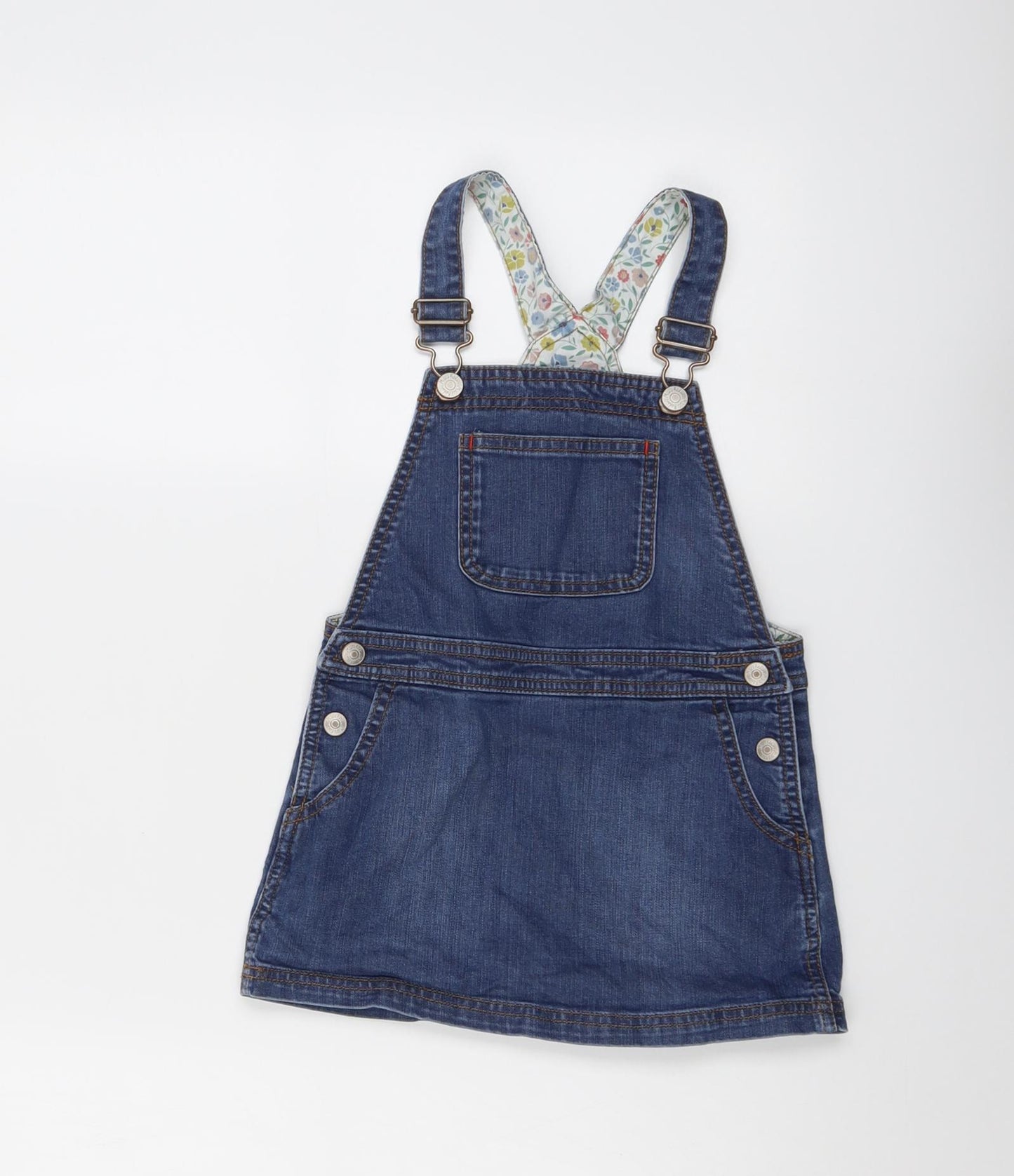 Mini Boden Girls Blue Cotton Pinafore/Dungaree Dress Size 3-4 Years Square Neck Buckle