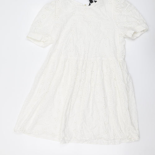 New Look Womens White Geometric Polyester Skater Dress Size 14 Round Neck Button