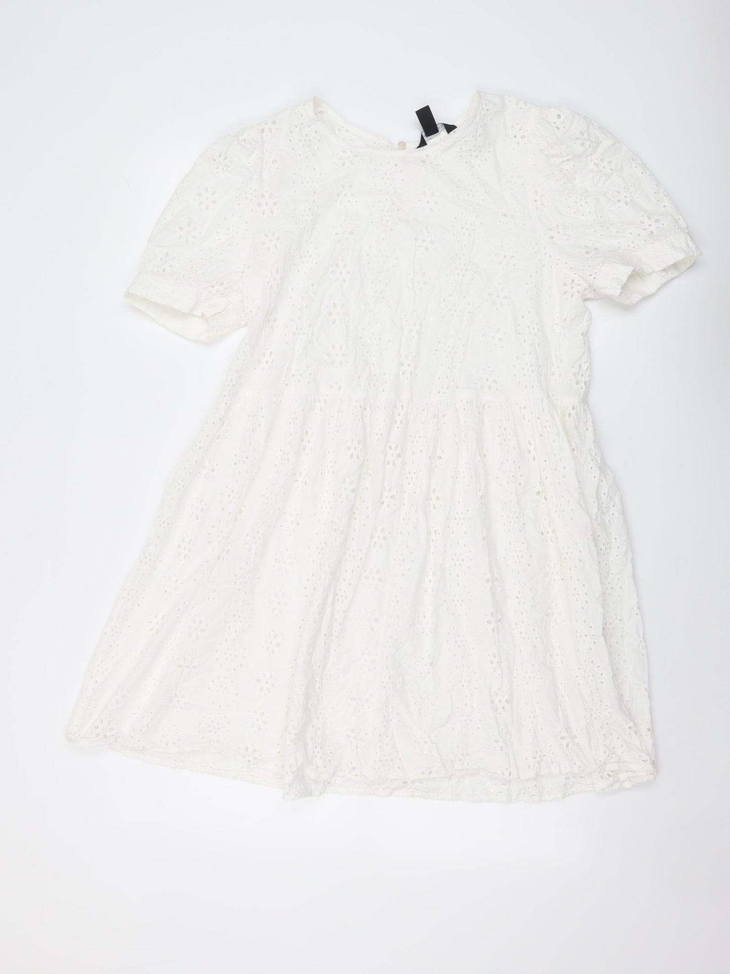 New Look Womens White Geometric Polyester Skater Dress Size 14 Round Neck Button
