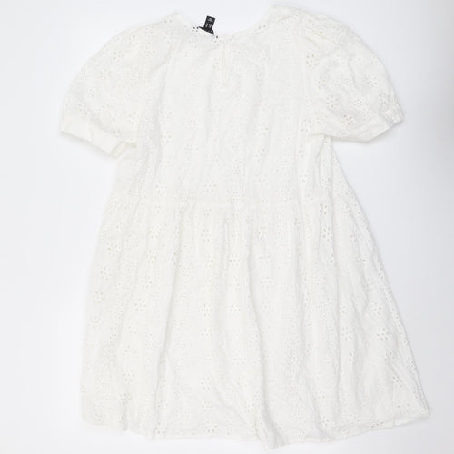 New Look Womens White Geometric Polyester Skater Dress Size 14 Round Neck Button