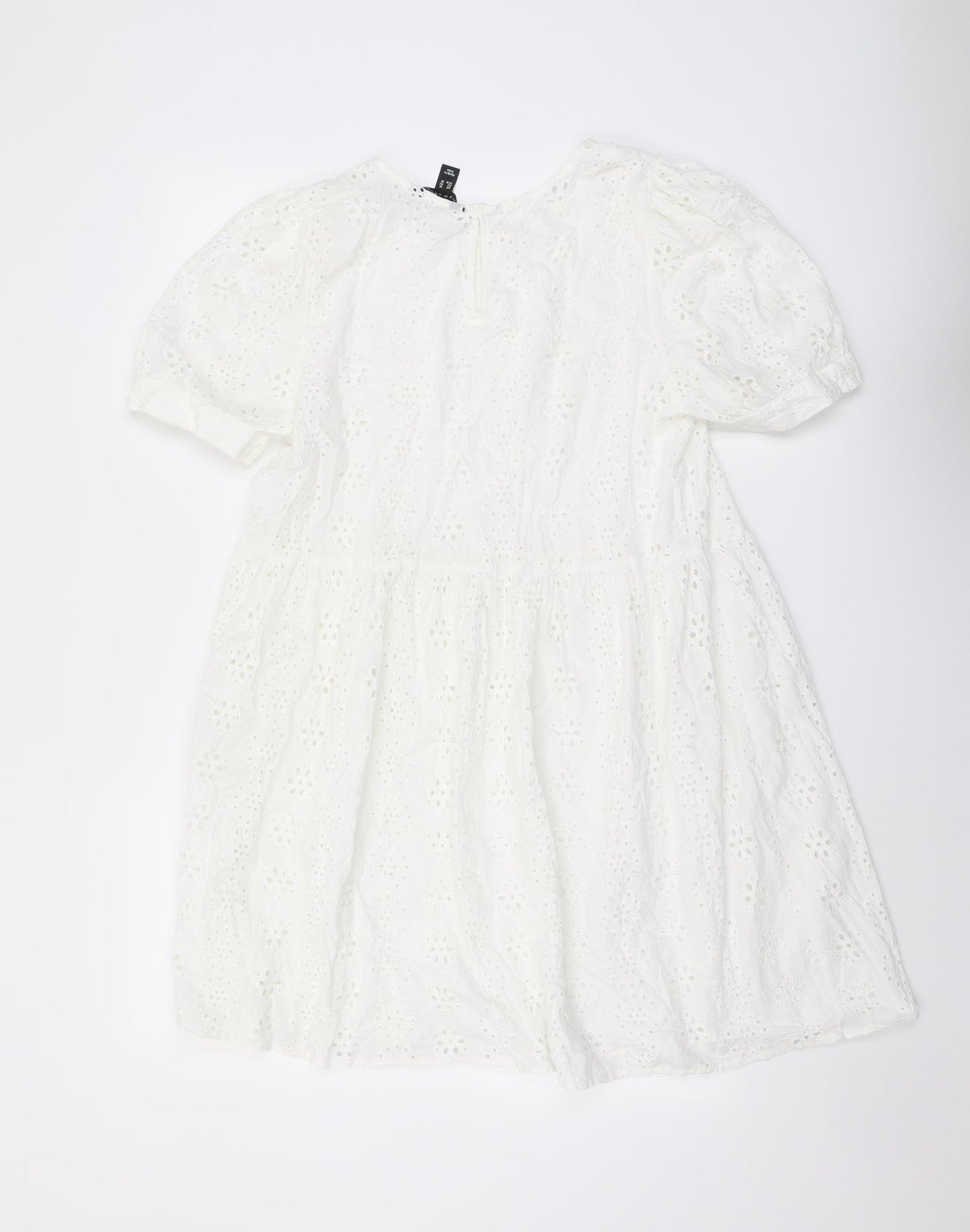 New Look Womens White Geometric Polyester Skater Dress Size 14 Round Neck Button