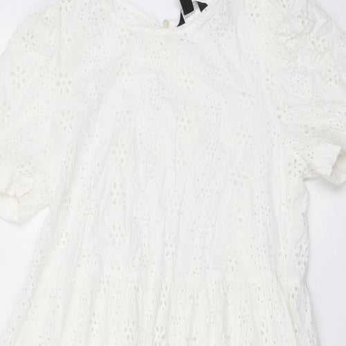 New Look Womens White Geometric Polyester Skater Dress Size 14 Round Neck Button
