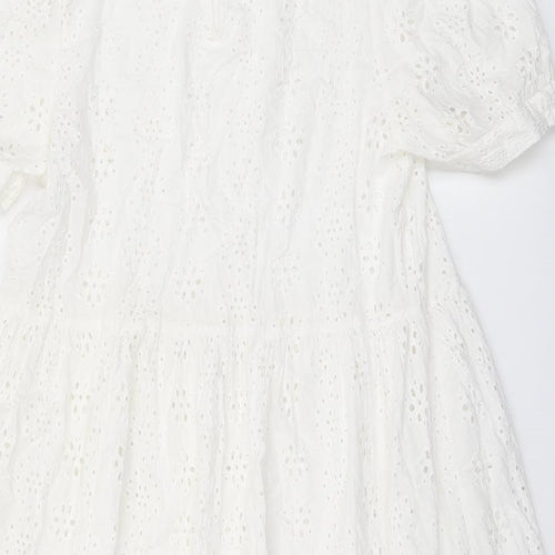 New Look Womens White Geometric Polyester Skater Dress Size 14 Round Neck Button