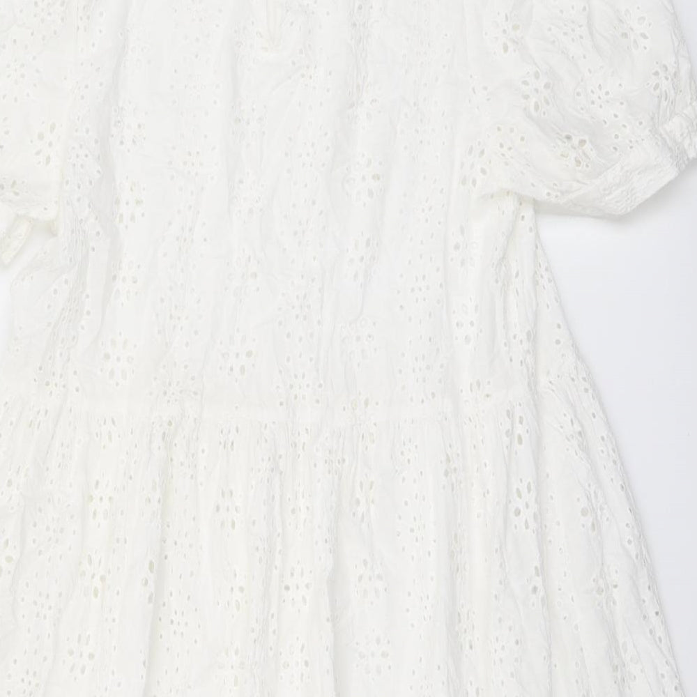 New Look Womens White Geometric Polyester Skater Dress Size 14 Round Neck Button