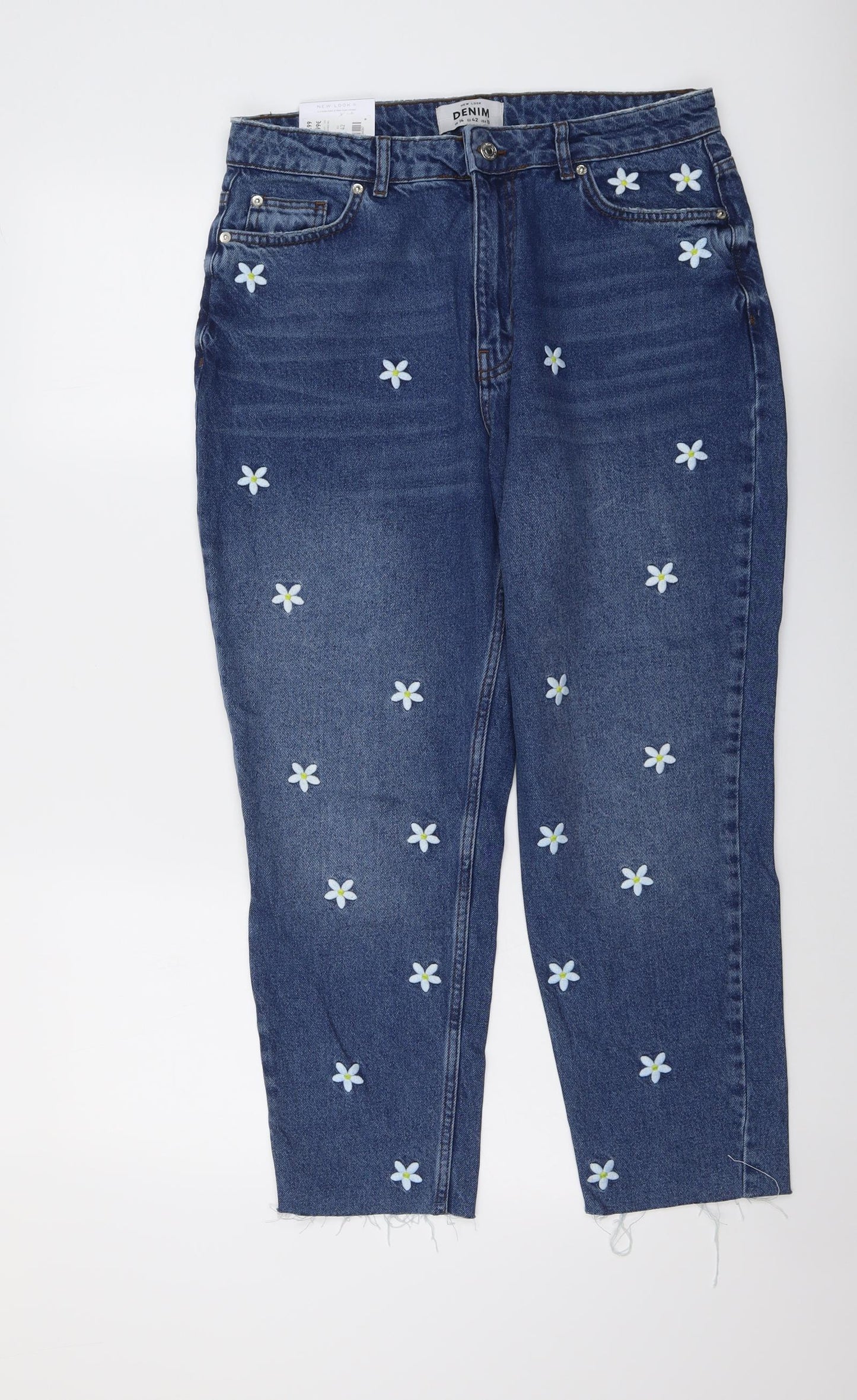 New Look Womens Blue Floral Cotton Straight Jeans Size 14 L25 in Regular Button