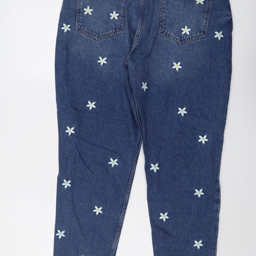 New Look Womens Blue Floral Cotton Straight Jeans Size 14 L25 in Regular Button