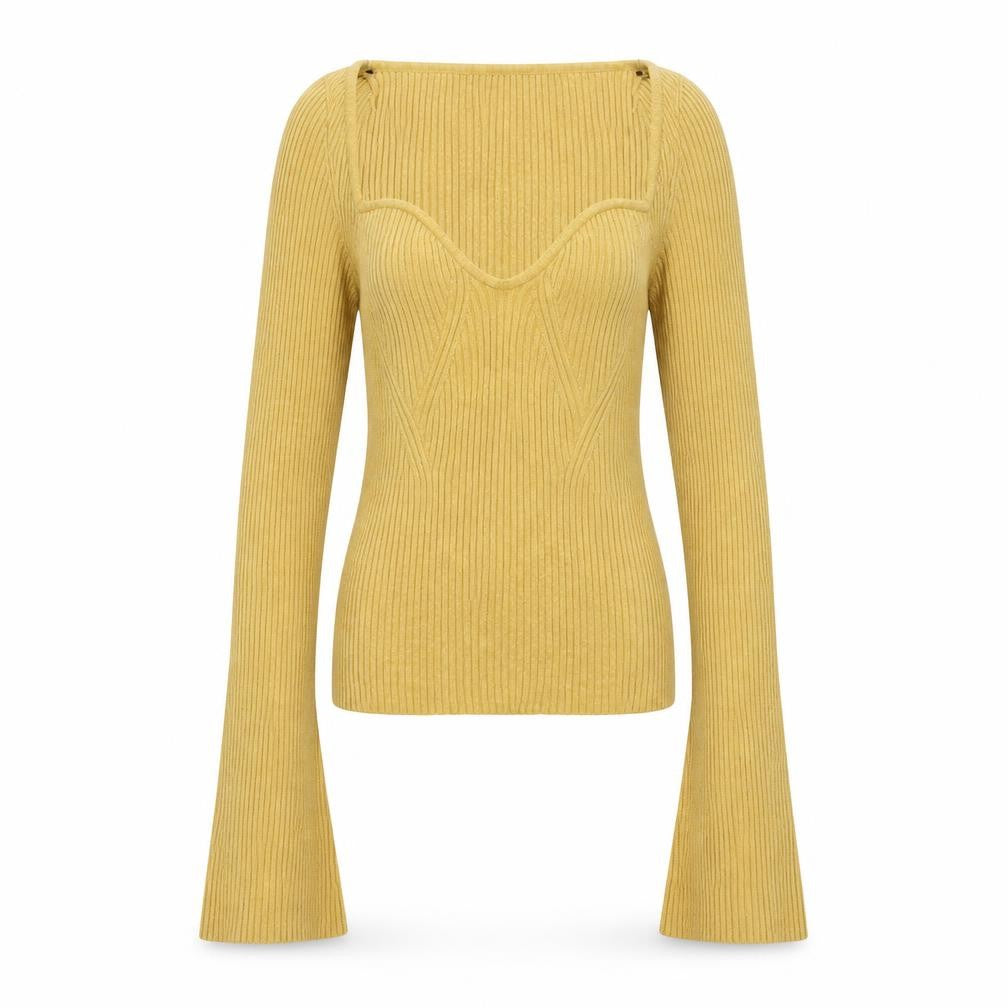 Front view of H&M women’s yellow scoop neck viscose jumper, size M
