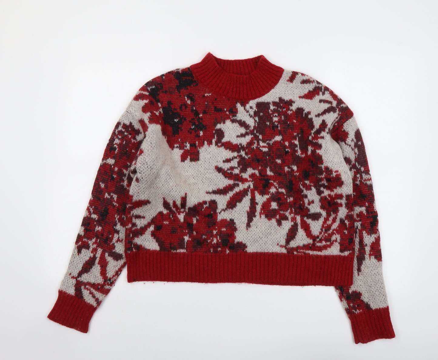 Autograph Womens Red Round Neck Floral Acrylic Pullover Jumper Size 12