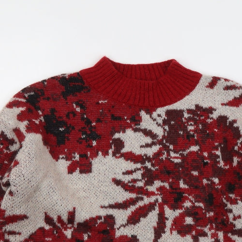 Autograph Womens Red Round Neck Floral Acrylic Pullover Jumper Size 12