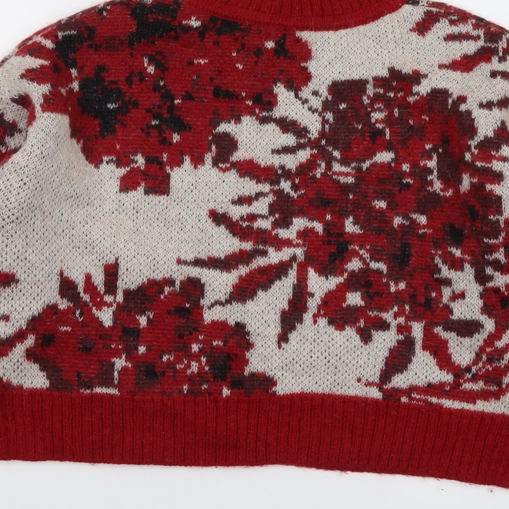 Autograph Womens Red Round Neck Floral Acrylic Pullover Jumper Size 12