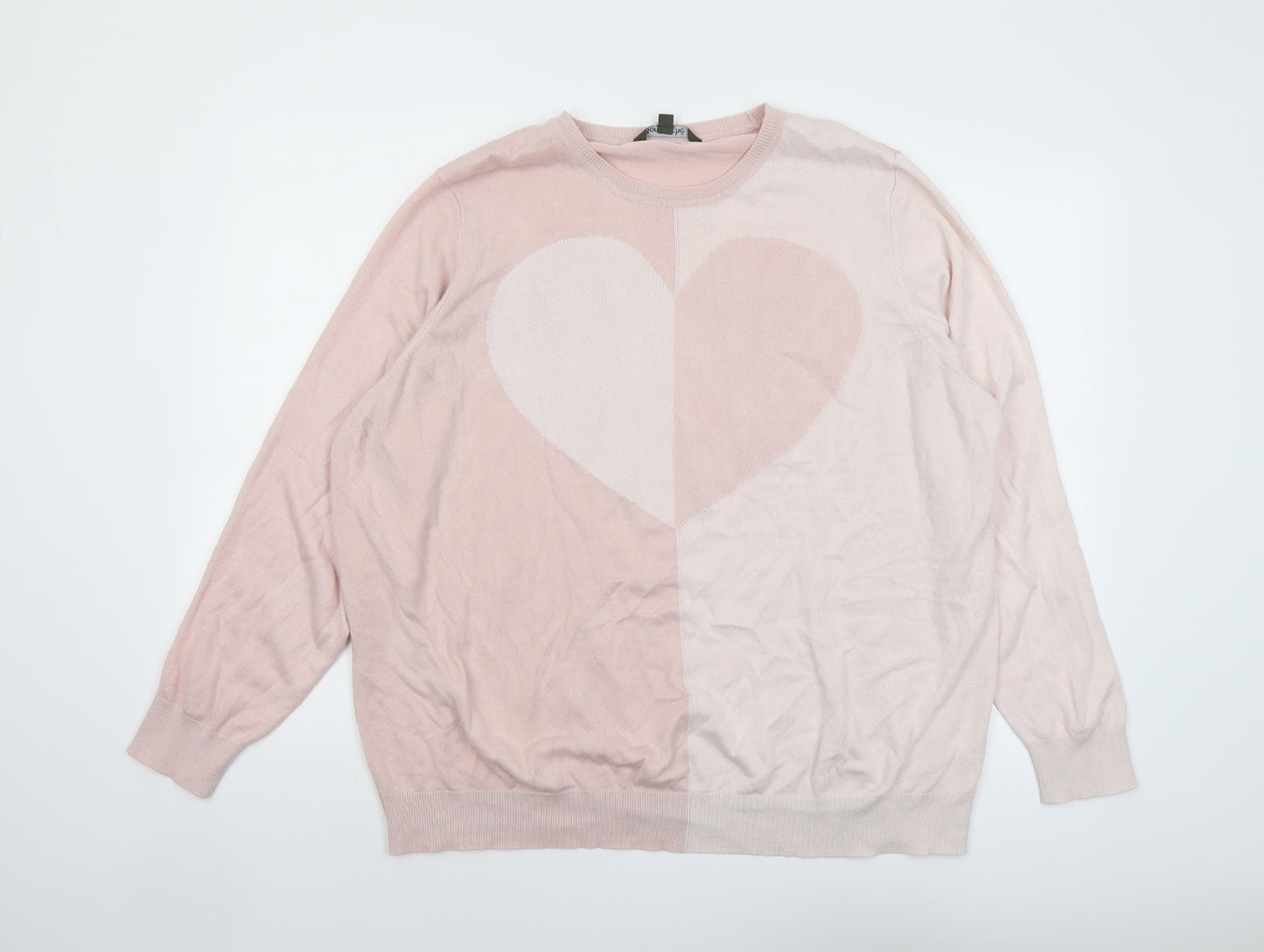 Bonmarché Womens Pink Round Neck Acrylic Pullover Jumper Size 24 - Heart