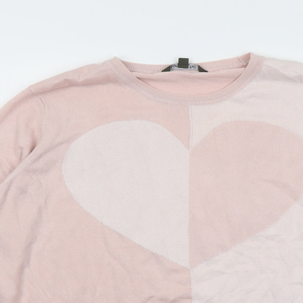 Bonmarché Womens Pink Round Neck Acrylic Pullover Jumper Size 24 - Heart