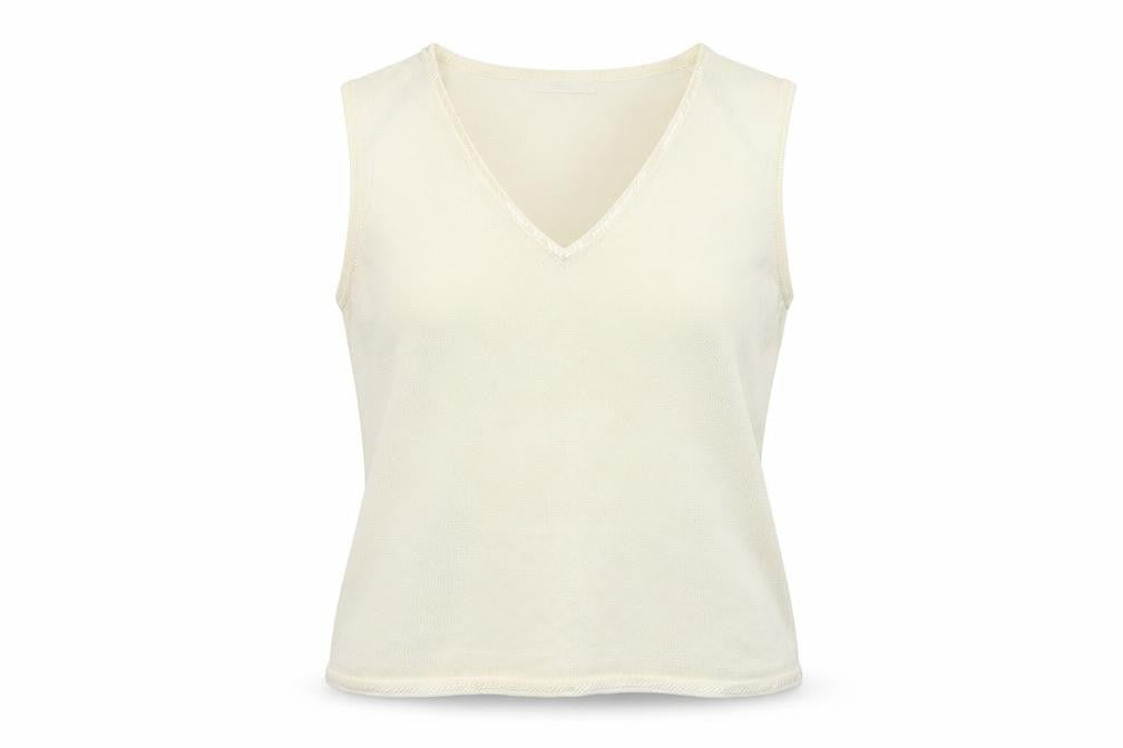 Front view of Marks & Spencer women’s ivory viscose basic tank, size UK 14, v-neck
