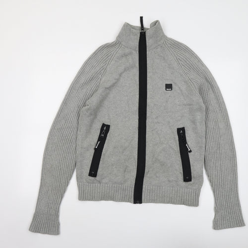 Bench Mens Grey High Neck Cotton Full Zip Jumper Size L Long Sleeve