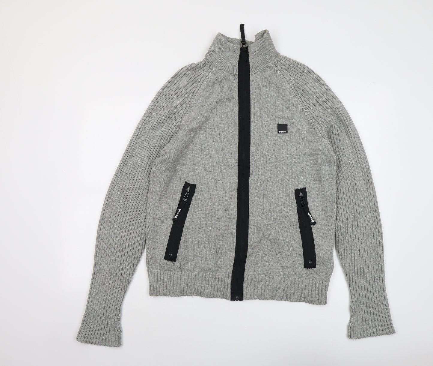 Bench Mens Grey High Neck Cotton Full Zip Jumper Size L Long Sleeve