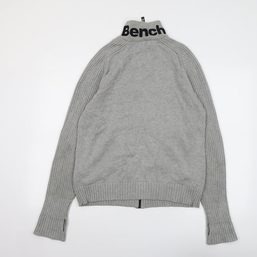 Bench Mens Grey High Neck Cotton Full Zip Jumper Size L Long Sleeve