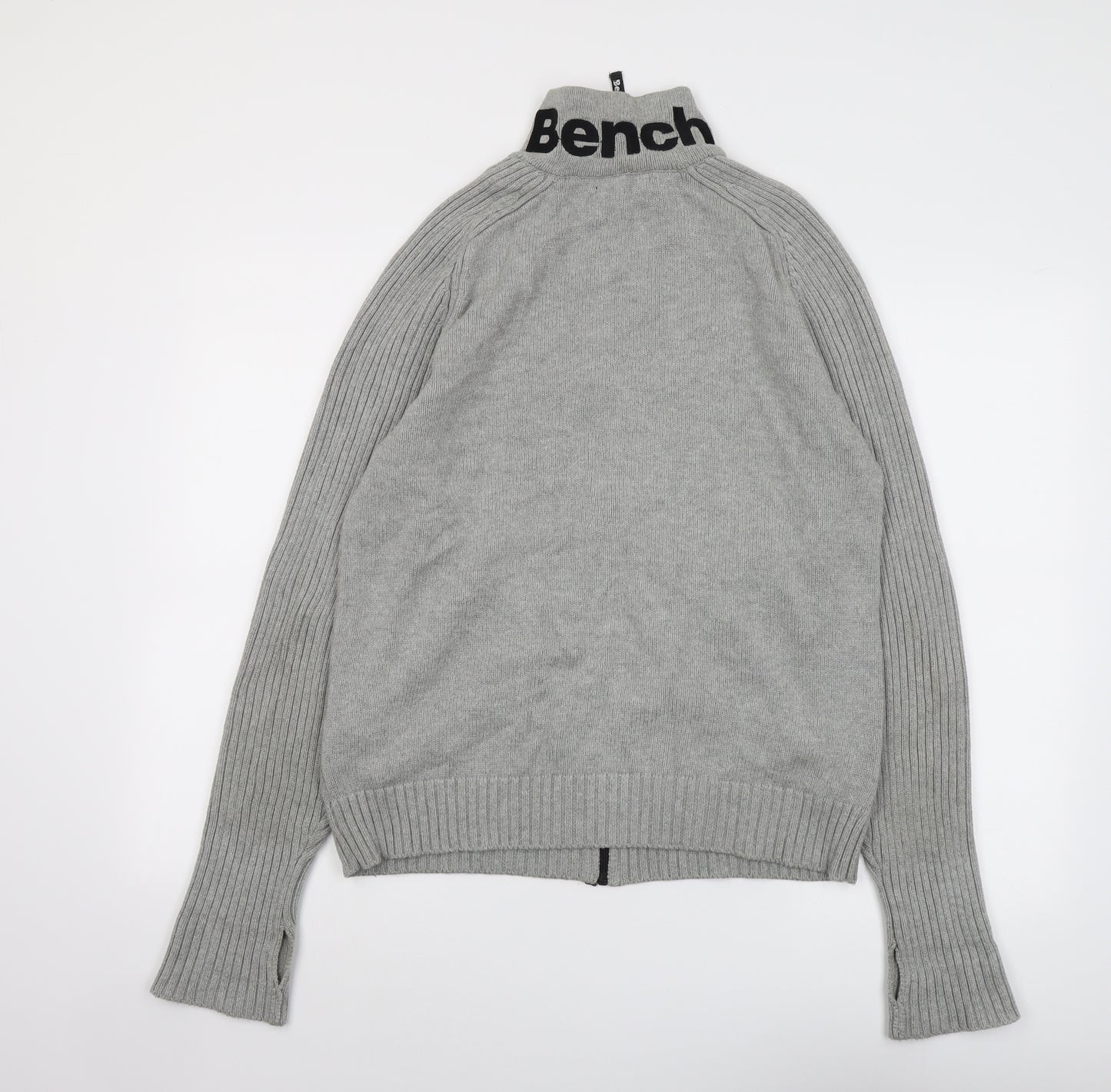 Bench Mens Grey High Neck Cotton Full Zip Jumper Size L Long Sleeve