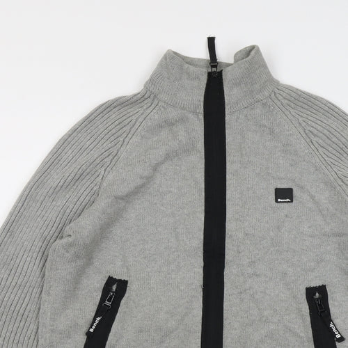 Bench Mens Grey High Neck Cotton Full Zip Jumper Size L Long Sleeve