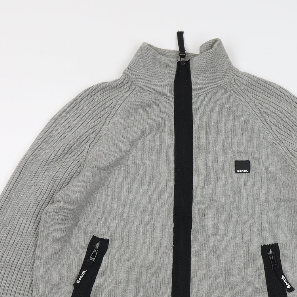 Bench Mens Grey High Neck Cotton Full Zip Jumper Size L Long Sleeve