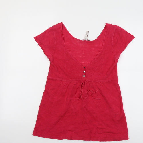 White Stuff Womens Pink Linen Basic T-Shirt Size 12 V-Neck
