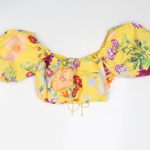 H&M Womens Multicoloured Floral Lyocell Cropped Blouse Size M Off the Shoulder - Puff Sleeve