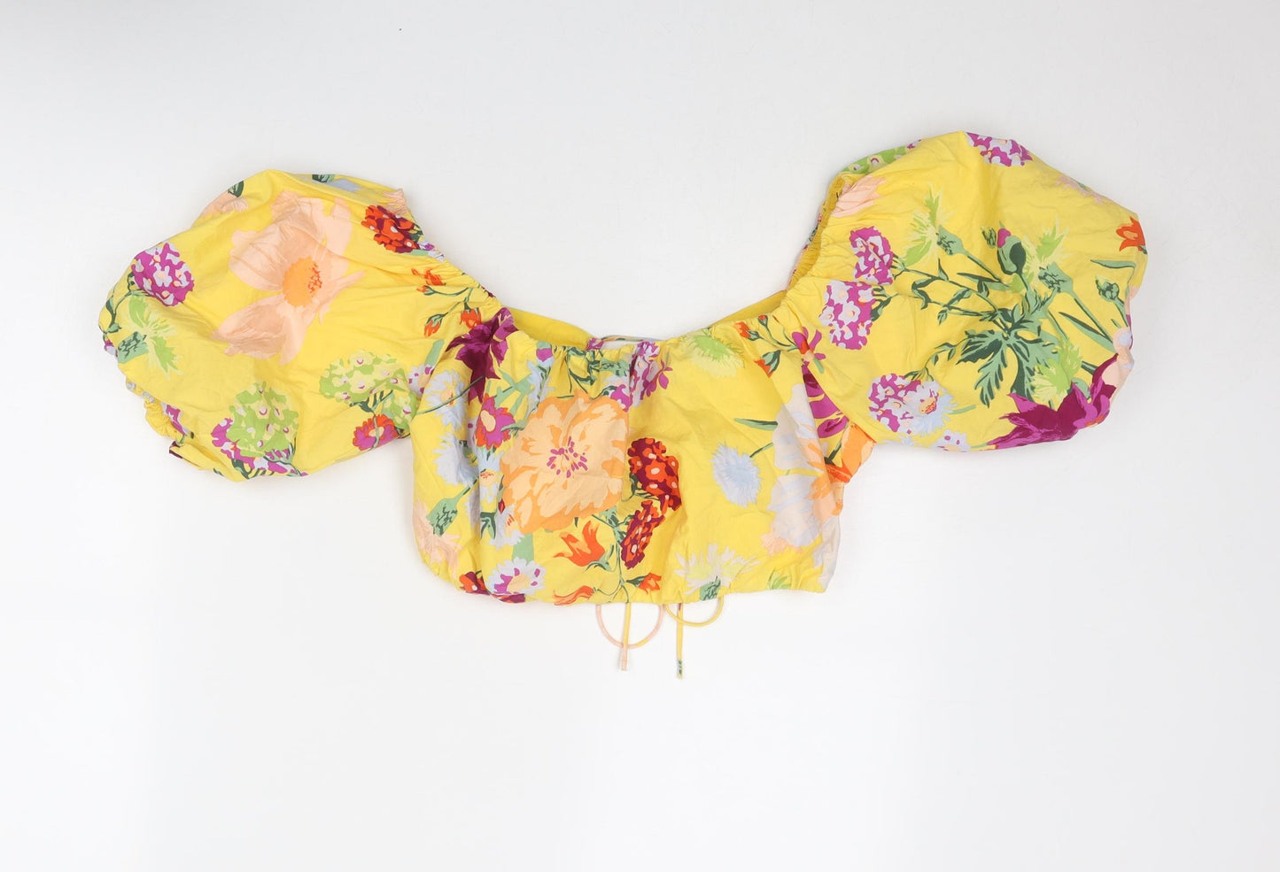 H&M Womens Multicoloured Floral Lyocell Cropped Blouse Size M Off the Shoulder - Puff Sleeve