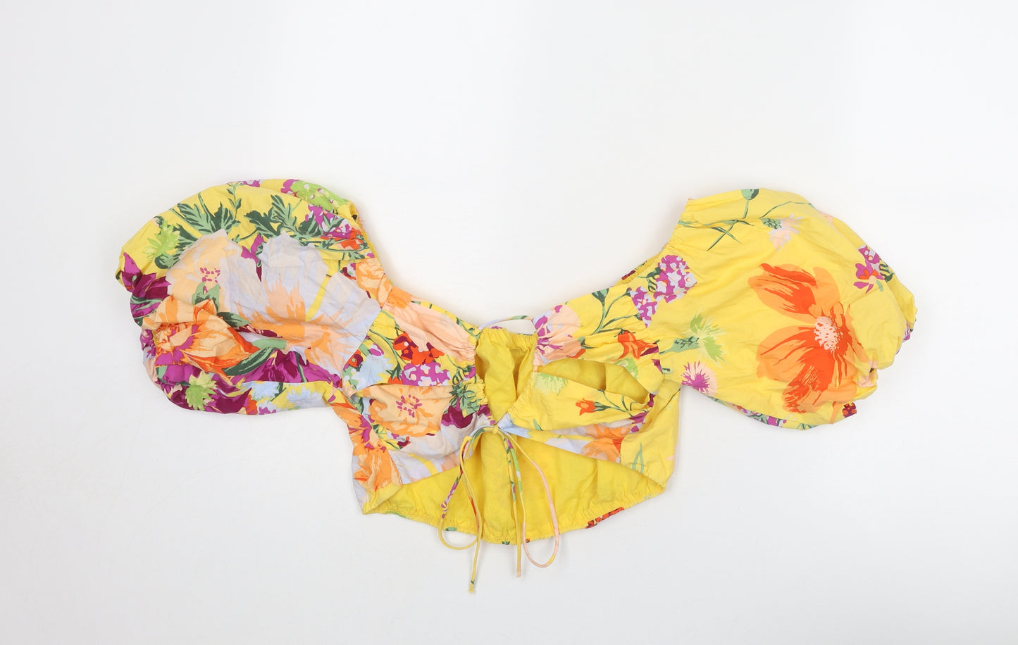 H&M Womens Multicoloured Floral Lyocell Cropped Blouse Size M Off the Shoulder - Puff Sleeve