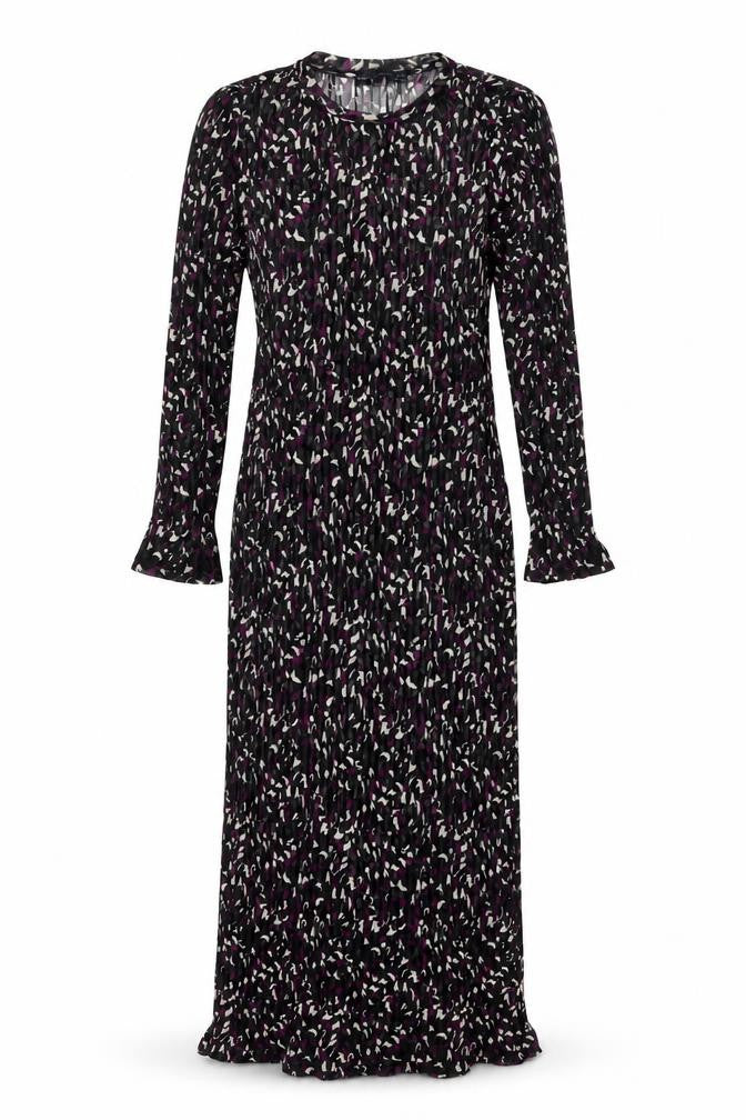 Front view of Marks & Spencer women’s black geometric polyester maxi, size UK 10, round neck pullover