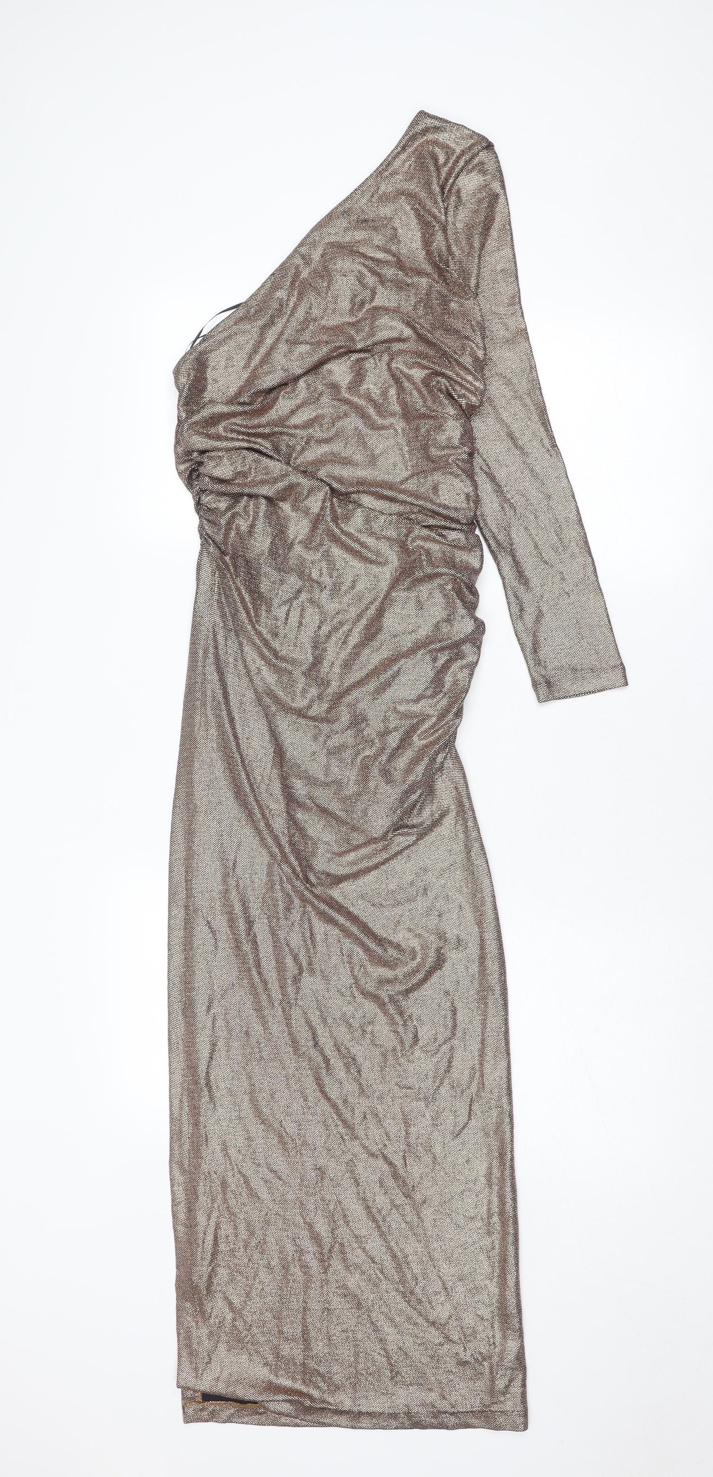 Zara Womens Gold Geometric Polyester Ball Gown Size L One Shoulder Pullover