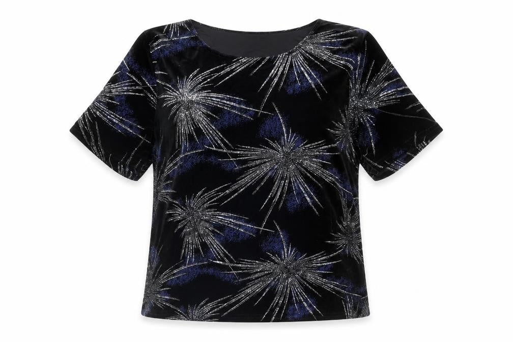 Front view of Bonmarché women’s black geometric polyester basic t-shirt, size L, boat neck