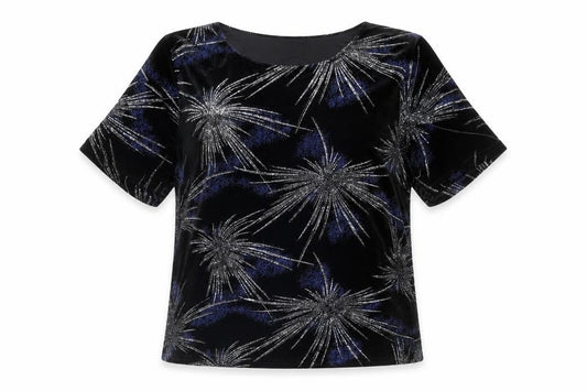 Front view of Bonmarché women’s black geometric polyester basic t-shirt, size L, boat neck