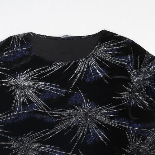 Bonmarché Womens Black Geometric Polyester Basic T-Shirt Size L Boat Neck
