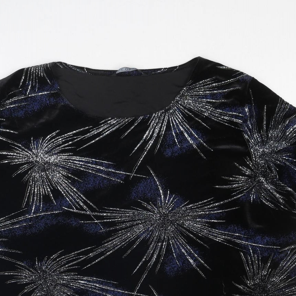 Bonmarché Womens Black Geometric Polyester Basic T-Shirt Size L Boat Neck